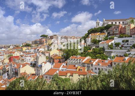 Lisbona portogallo, vista aerea dello skyline della città di Lisbona quartiere Baixa Foto Stock