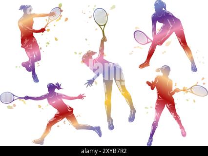 Vector Tennis Players colorato Gradation silhouette Illustration Set isolato su sfondo bianco. Illustrazione Vettoriale