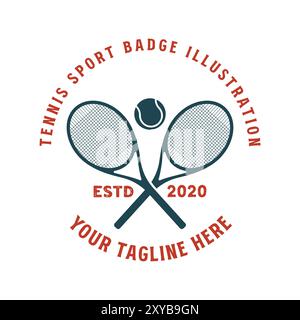 Racchetta e palla da tennis incrociate vintage per il logo Sport Club Competition League Emblem Design Illustrazione Vettoriale