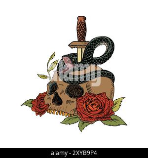 Teschi umani con Roses Velenous Snake e Dagger su sfondo bianco Illustration Vector Illustrazione Vettoriale