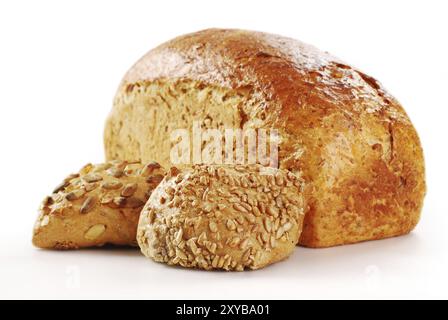 Composizione con il pane e i panini isolato su bianco Foto Stock