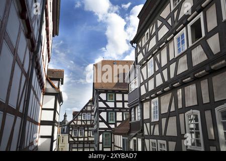 Vecchie case tedesche tradizionali a Marburgo Foto Stock