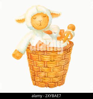 Grande cesto di vimini o pannier con anatroccolo di agnello e giocattoli in legno. Elemento interno del vivaio. Clipart di acquerello isolato per la stampa o la progettazione Foto Stock
