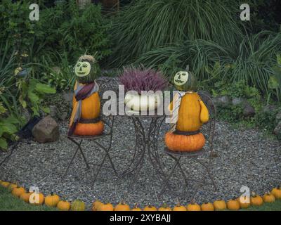 Due bambole di zucca sedute su sedie ad un tavolo da giardino, circondate da zucche e vegetazione verde, borken, muensterland, Germania, Europa Foto Stock