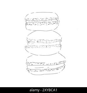Illustrazione della linea grafica in bianco e nero per la cottura degli alimenti per la torta al macaron Foto Stock