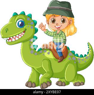 Bambino felice di cavalcare un dinosauro verde Illustrazione Vettoriale