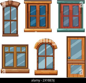 Illustrazione di finestre e porte in legno diverse Illustrazione Vettoriale