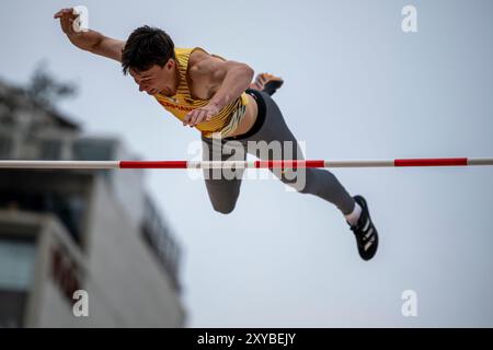 Joshua STALLBAUM (TSV Schmiden), GERMANIA, Pole Vault Men PER, Leichtathletik, Athletics, U20 World Athletics Championships Lima 24, U20 Leichtathletik Weltmeisterschaften, 28.08.2024, foto: Eibner-Pressefoto/Jan Papenfuss Foto Stock