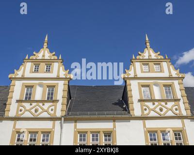 Due magnifici palazzi di un castello rinascimentale contro un cielo blu, il castello di Neuhaus, Germania, Europa Foto Stock