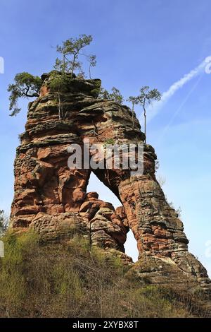 Lo Swallow Rock è uno spettacolo straordinario nella regione di Dahner Felsenland Foto Stock