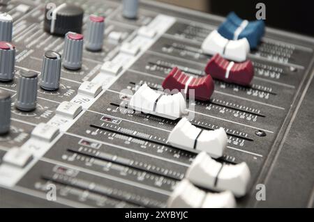 Primo piano del mixer audio in studio Foto Stock