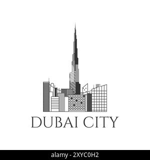 Skyline della città di Dubai con il punto di riferimento della Torre alta, stile a linea isolata. Illustrazione vettoriale Illustrazione Vettoriale