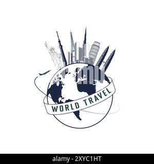 Globe City con i famosi luoghi di interesse turistico per viaggiare intorno al mondo Illustration Vector Illustrazione Vettoriale