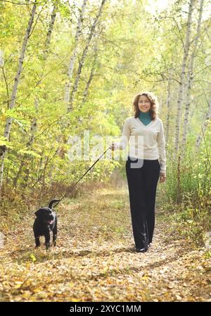 Giovane donna che cammina con il cucciolo nero labrador retriever nella foresta autunnale Foto Stock