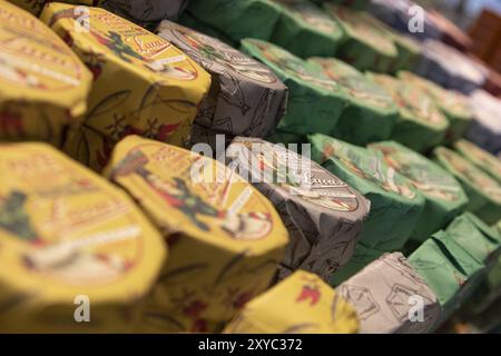 Primo piano, colorate barattoli di sardine e altri pesci presso la bancarella di un pescivendolo nel mercato di Bolhao a Porto, Portogallo, Europa Foto Stock