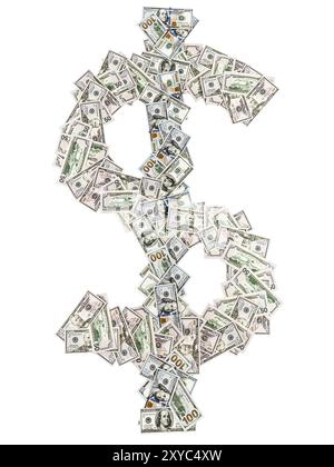 CARTA STATI UNITI valuta contanti in forma di dollaro americano segno di denaro bianco isolato Foto Stock