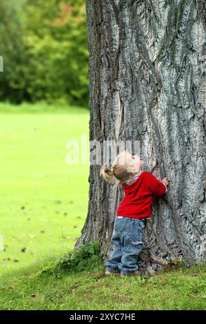 La bambina sta alla base di un albero molto grande e guarda in alto con stupore. La bambina sta alla base di un albero molto grande e guarda in alto Foto Stock