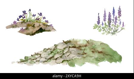 Paesaggio paesaggio rocce scogliere pietre scogliere con erba, piante floreali, illustrazione botanica disegnata a mano in acquerello. Elemento isolato singolo per Foto Stock