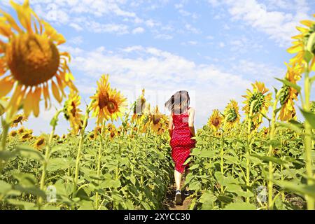 Bella bruna donna in esecuzione nel campo di girasoli Foto Stock