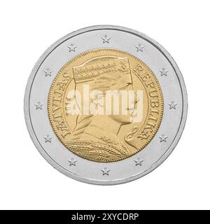 Due monete da euro Lettonia. Lato retromarcia. Isolato su sfondo bianco Foto Stock