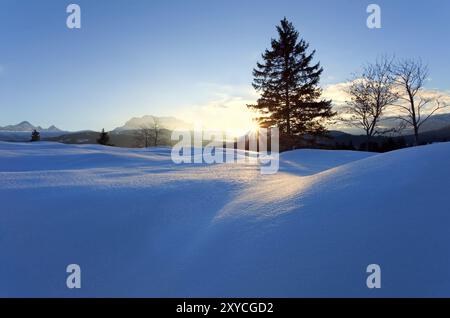 Tramonto sulle colline innevate delle Alpi, della Baviera, della Germania, dell'Europa Foto Stock