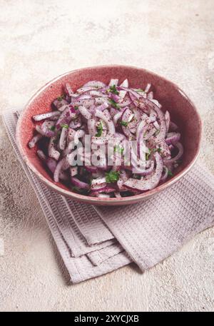 Cipolla rossa tritata, con sumac ed erbe aromatiche, in un recipiente, cipolla spagnola sottaceto, vista dall'alto Foto Stock