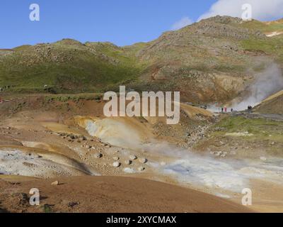 Campo solfatar di Seltun nel sistema vulcanico Krysuvik nel sud della penisola di Reykjanes in Islanda Foto Stock