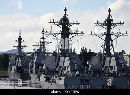 Honolulu, Stati Uniti. 31 luglio 2024. Le navi da guerra della Marina militare sono ormeggiate nel porto navale di Pearl Harbor durante il Rim of the Pacific (RIMPAC, 26.06.) Esercitazione militare condotta dagli Stati Uniti. Credito: Soeren Stache/dpa/Alamy Live News Foto Stock