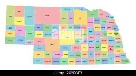 Nebraska, stato degli Stati Uniti, suddiviso in 93 contee, mappa politica multicolore con la capitale Lincoln, confini e nomi di contea. Stato nel Midwest degli Stati Uniti. Foto Stock