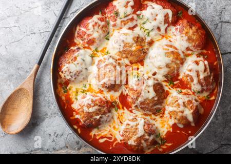 Casseruola di polpette di formaggio al forno con salsa di pomodoro in forno, primo piano sul tavolo. Vista dall'alto orizzontale Foto Stock