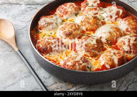 Casseruola di polpette di formaggio al forno con salsa di pomodoro in forno, primo piano sul tavolo. Orizzontale Foto Stock