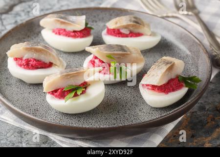 Uova ripiene con barbabietole e aringhe di pesce salate da vicino in un piatto sul tavolo. Orizzontale Foto Stock