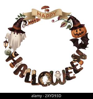 Felice corona rotonda di Halloween con fantasmi e altri personaggi spaventosi in stile cartoni animati. Cornice mistica scura disegnata a mano. Disegno isolato perfetto per Foto Stock