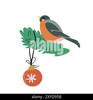 Carino elemento natalizio babbo natale. Buon anno e decorazioni natalizie articolo bauble e uccello. Design piatto. Illustrazione vettoriale decorazioni natalizie. Illustrazione Vettoriale