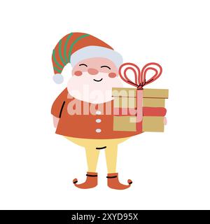 Simpatico personaggio gnomo natalizio per bambini, persona sorridente con regalo in carta artigianale. Design per buone feste. Natale e Capodanno, celebrità dei cartoni animati Illustrazione Vettoriale