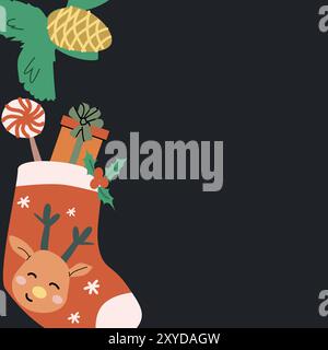 Carino biglietto di auguri quadrato di Natale con calze e decorazioni natalizie. Illustrazione vettoriale disegnata a mano. Sfondo piatto natalizio dei cartoni animati. Illustrazione Vettoriale