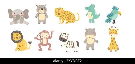 Set da safari per bambini. Illustrazione vettoriale. Animali africani per bambini: Leone, scimmia, coccodrillo, rinoceronte, elefante, zebra, leopardo, giraffa per Illustrazione Vettoriale