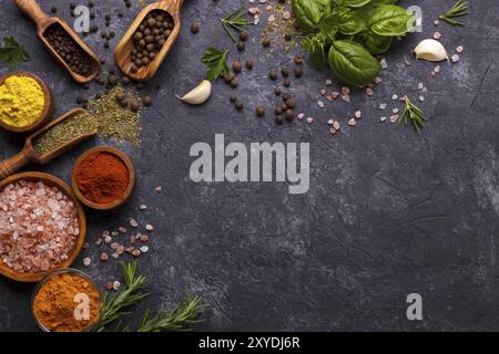 Spezie ed erbe su fondo di pietra nera. Vista dall'alto con spazio libero per menu o ricette Foto Stock