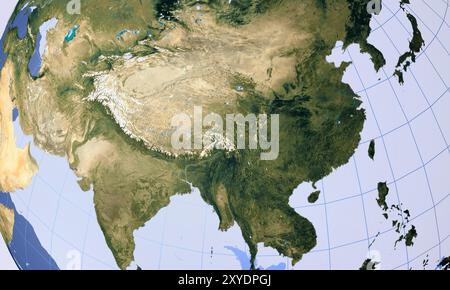 Mappa del continente asiatico sul globo terrestre illustrazione 3D primo piano Cina India e Mongolia Foto Stock