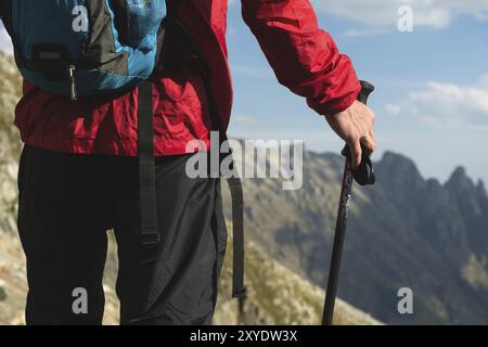 Primo piano corpo d'uomo con uno zaino e pali da trekking si erge sulla cima di una roccia sullo sfondo della valle rocciosa in alta montagna. Il concetto Foto Stock