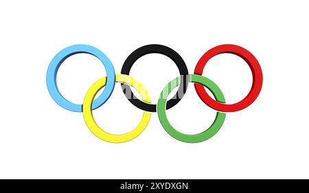 Simbolo degli anelli olimpici sullo sfondo blu del cielo illustrazione 3D concettuale Foto Stock