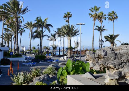 Area d'ingresso al Lago Martianez, l'esclusiva piscina di acqua di mare sull'Oceano Atlantico, Puerto de la Cruz, Tenerife, Isole Canarie, Spagna, Europ Foto Stock