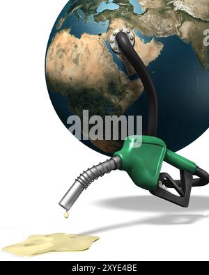 Le ultime gocce di benzina che escono dall'ugello di una stazione di servizio collegata alla Terra. Illustrazione isolata su sfondo bianco Foto Stock