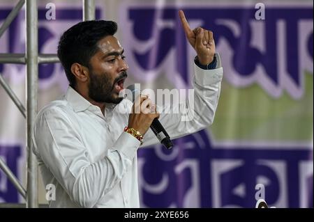 Kolkata, India. 28 agosto 2024. KOLKATA, INDA - AGOSTO 28: All India Trinamool Congress (AITC) Segretario generale e deputato Abhishek Banerjee parlando in una manifestazione studentesca il giorno di fondazione del TMCP, ala studenti del TMC, a Mayo Road il 28 agosto 2024 a Kolkata, India. (Foto di Samir Jana/Hindustan Times/Sipa USA) credito: SIPA USA/Alamy Live News Foto Stock