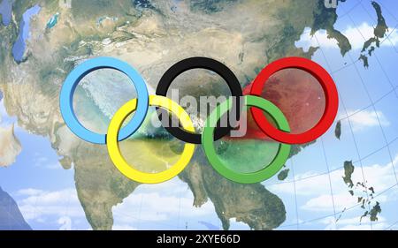 Simbolo degli anelli olimpici sulla Cina mappa illustrazione concettuale 3D 2008 Giochi Olimpici di Pechino Foto Stock