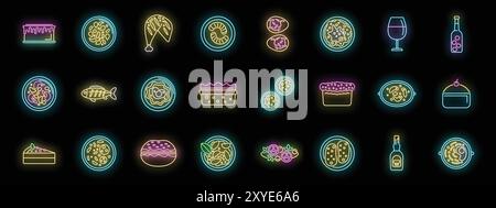 Icone luminose al neon che rappresentano vari tipi di cibo e bevande che si illuminano su uno sfondo nero Illustrazione Vettoriale