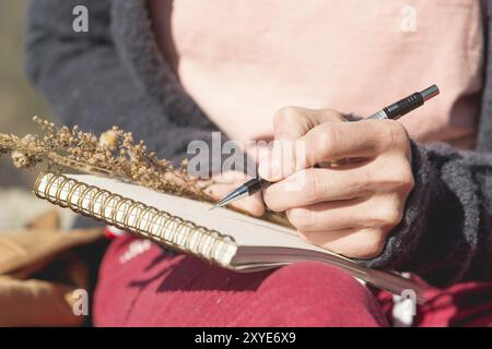 Primo piano sulle mani di una ragazza con un taccuino vuoto. Un bouquet secco di erbe in mano e una matita. Designer di viaggi Foto Stock