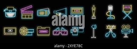 Set di insegne al neon per l'industria cinematografica con lavagna a fogli mobili, biglietto, megafono, premio, sedia regista, macchina da scrivere, macchina fotografica Illustrazione Vettoriale