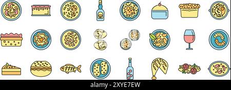 Set di icone colorate che rappresentano persone che si godono vari tipi di cibo e bevande deliziosi Illustrazione Vettoriale