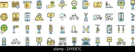 Set di icone colorate che rappresentano vari aspetti dei servizi di noleggio e condivisione di biciclette, tra cui metodi di pagamento, app mobili e infrastrutture per biciclette Illustrazione Vettoriale